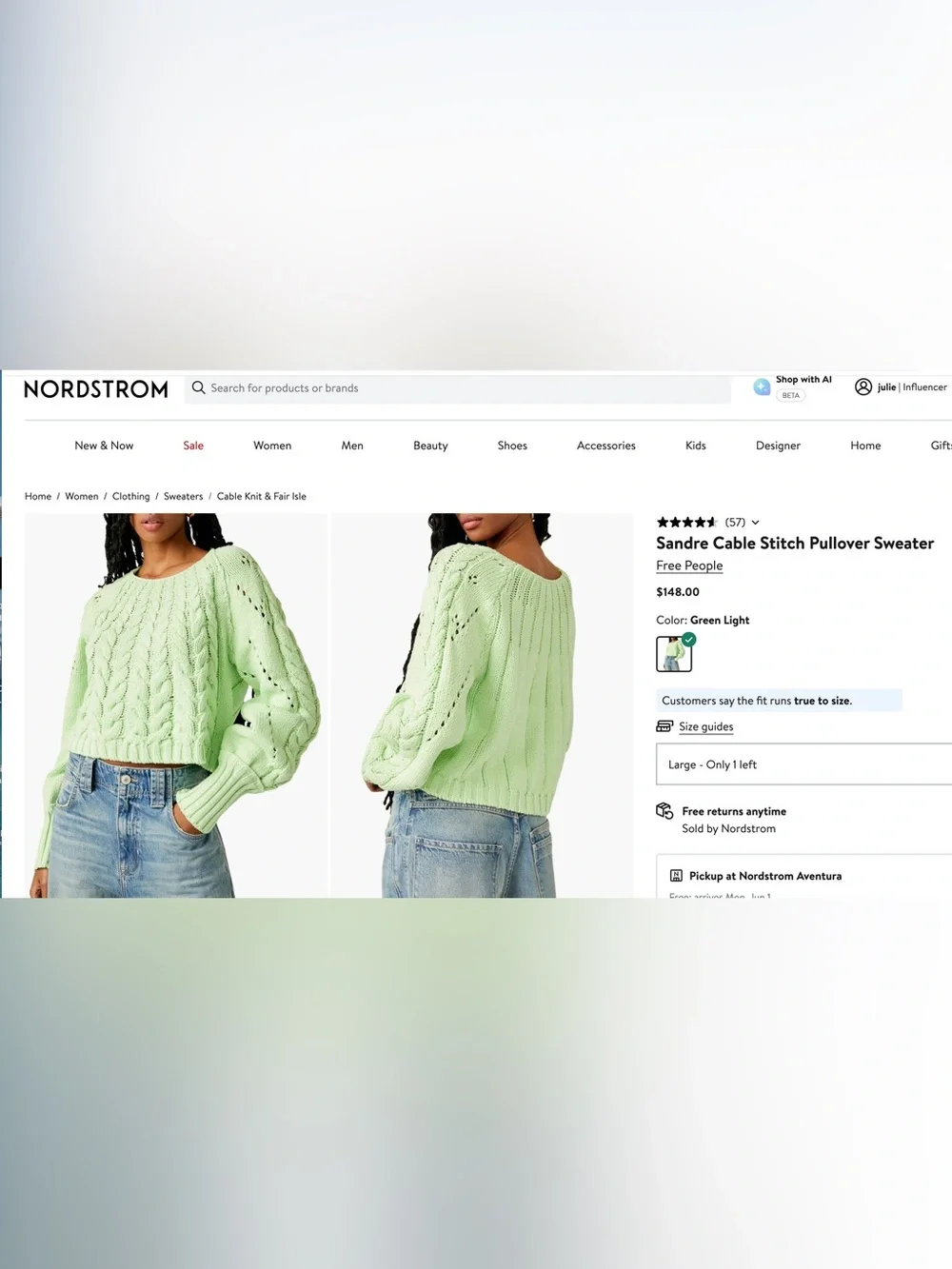 NWT Free People Sandra Cable Stitch Pullover Sweater